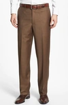 Santorelli Luxury Flat Front Wool Dress Pants In Tobacco