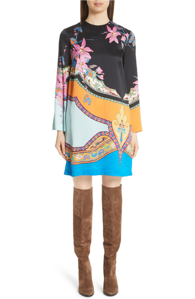 Etro Colorblock Floral-print Paisley Shift Dress In Multicolour