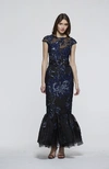 DAVID MEISTER CAP SLEEVE FLORAL EMBROIDERED EVENING GOWN,DM18FG3061N-1
