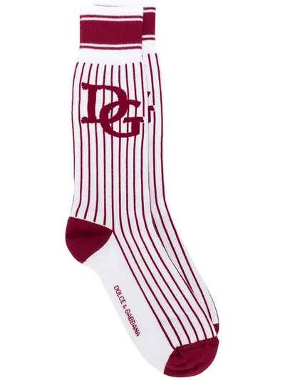 Dolce & Gabbana Printed Terry Cloth Socks With Patch In W8260 Bianco/bordeaux