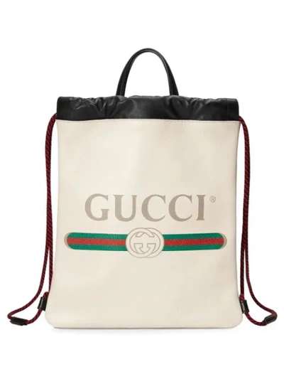 Gucci Logo Print Medium Drawstring Backpack In White