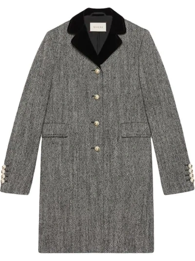 Gucci Velvet-collar Wool Coat W/ Pearly Buttons In Grey