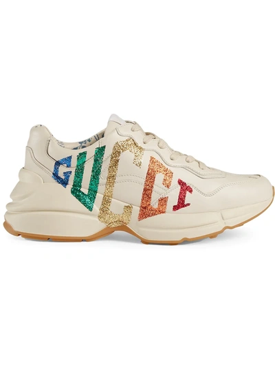 Gucci Rhyton Metallic Logo-print Leather Sneakers In Rainbow,white