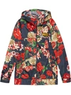 Gucci Zip-front Hooded Spring Floral-bouquet Print Nylon Jacket W/ Logo Patch In Blue