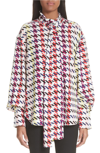 OSCAR DE LA RENTA HOUNDSTOOTH TIE NECK STRETCH SILK BLOUSE,18PN716JHS