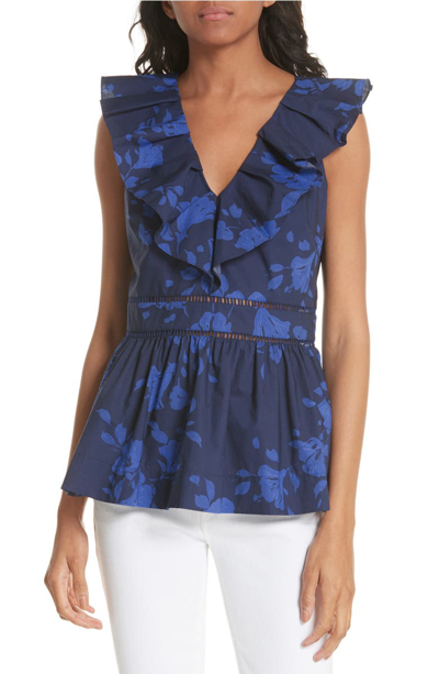 Kate Spade Hibiscus Ruffle Neck Cotton Blouse In French Navy