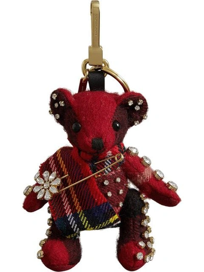 Burberry Thomas Bear Check Cashmere Bag Charm With Crystal Kilt Pin - Red In Parade Red