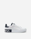 Dolce & Gabbana Women Portofino White Leather Sneakers With Logo In White/blue