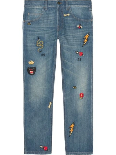 Gucci Tapered Denim Pant With Symbols In Blue