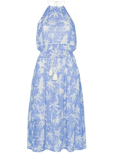 A Peace Treaty Boetica Halterneck Palm Print Cotton Blend Dress In Blue