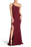 Dress The Population Amy One-shoulder Crepe Gown In Burgundy