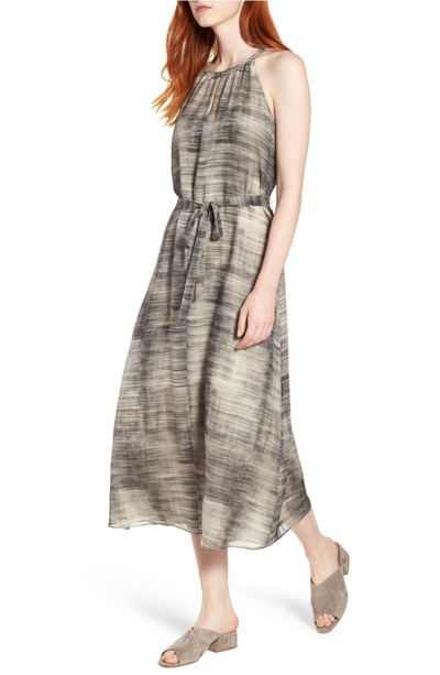 Eileen Fisher Sleeveless Brushstroke-print Silk Dress In Limestone