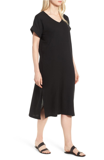 Eileen Fisher Cotton Gauze V-neck Shift Dress, Plus Size In Black