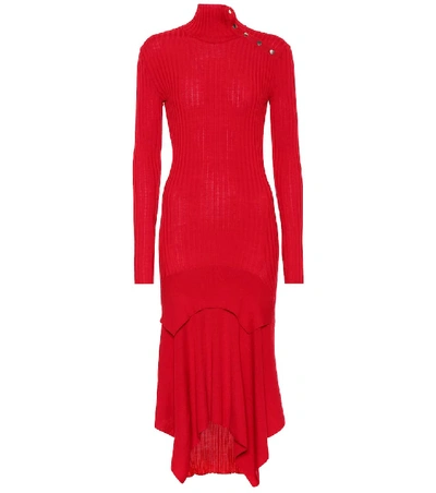 Stella Mccartney Asymmetric Ribbed Wool And Silk-blend Dress In Red