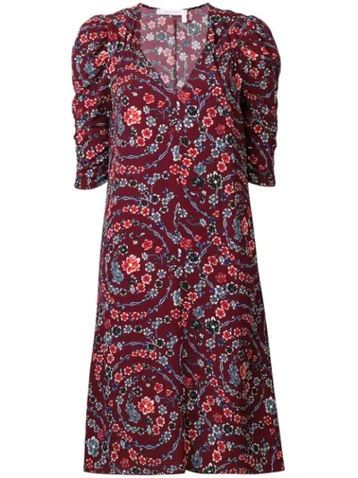 See By Chloé Floral Print Ruched Sleeves Dress In Red/multicolor