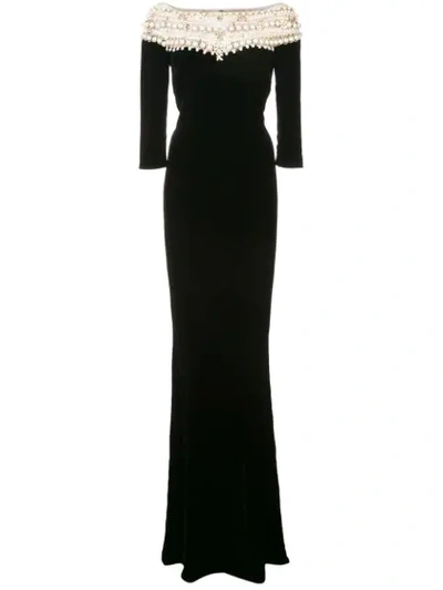 Marchesa Couture Black Sleeve Velvet Evening Gown