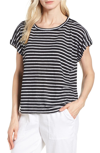 Eileen Fisher Seaside Striped Organic Linen Jersey Box Top In Black/ White