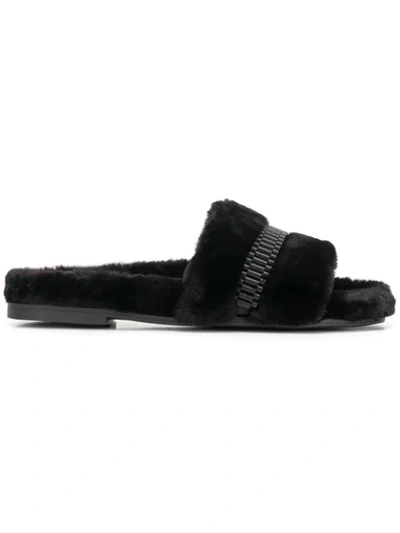 Kendall + Kylie Embellished Faux Fur Slides In Black