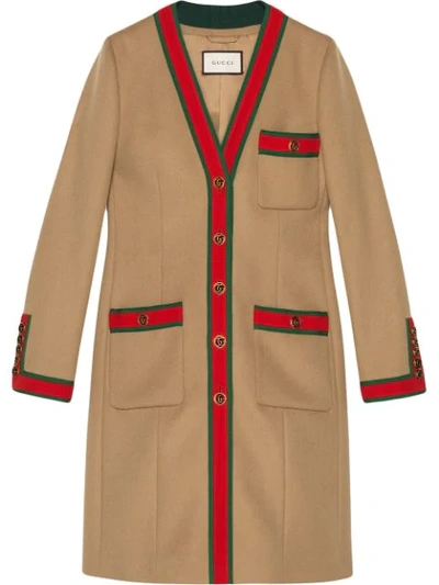 Gucci Wool Coat With Web In Nude/neutrals