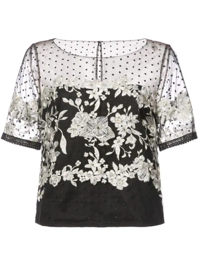Marchesa Notte Embroidered Tulle Blouse In Black White