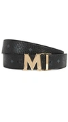 Mcm Claus M Reversible Belt In Black Logo Visetos In Black And Silver