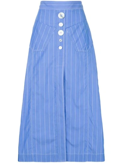 Ellery Aggie Embellished Pinstriped Cotton-poplin Midi Skirt In Blue