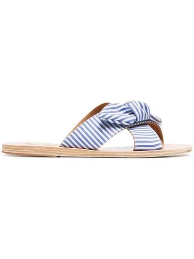 Ancient Greek Sandals Blue And White Thais Cotton Striped Bow Sandals