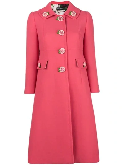 Dolce & Gabbana Single-breasted Crepe Wool Coat W/ Rose Appliques In Salmone