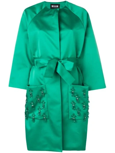 Msgm Crystal-embellished Belted Coat In Green