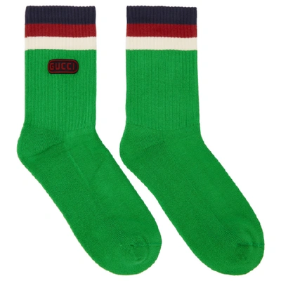 Gucci Men's Game-patch Cotton-blend Socks With Web Cuff, Green