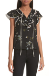 RED VALENTINO FLORAL PRINT RUFFLE NECK SILK BLOUSE,QR3AE0S23T9