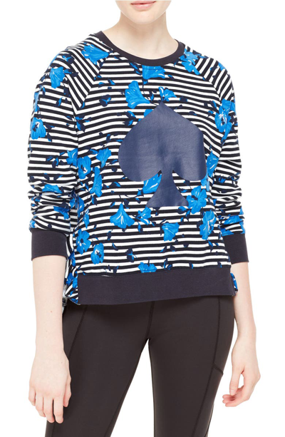 Kate Spade Hibiscus Striped Ruffle Pullover In Rich Navy