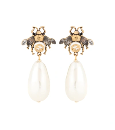 Gucci Gold-tone Bee And Faux Pearl Drop Earrings