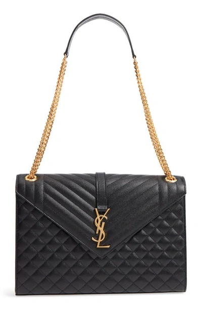 Saint Laurent Monogram Ysl V-flap Large Tri-quilt Envelope Chain Shoulder Bag - Golden Hardware In Nero/ Nero/ Nero