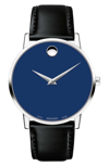 Movado Men's 40mm Ultra Slim Watch With Leather Strap Blue Museum Dial In Black/ Blue/ Silver