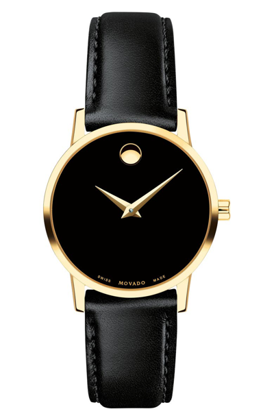 Movado Leather Strap Watch, 28mm In Black/ Gold