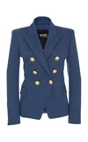 Balmain Black Double-breasted Jacket With Branded Buttons And Asymmetric Cut In Blue