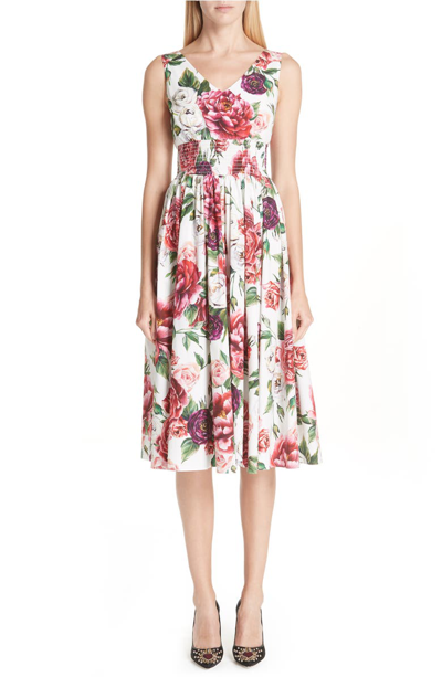 Dolce & Gabbana Sleeveless V-neck Smocked-waist Rose-print Cotton Poplin Dress In Floral Print