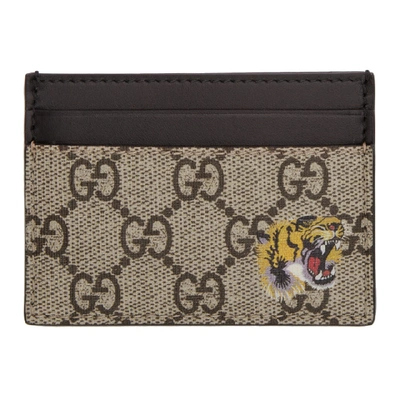 Gucci Gg Supreme Tiger-print Canvas Cardholder In Beige