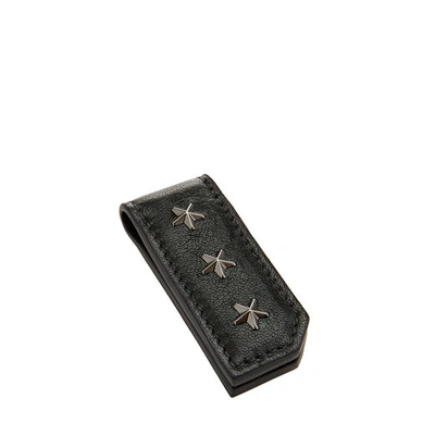 Jimmy Choo Bixby Black Satin Leather Money Clip With Mini Stars In Black/gunmetal