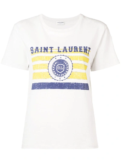 Saint Laurent University-medallion On Stripes Crewneck Short-sleeve Cotton T-shirt In Ecru Yellow Blue