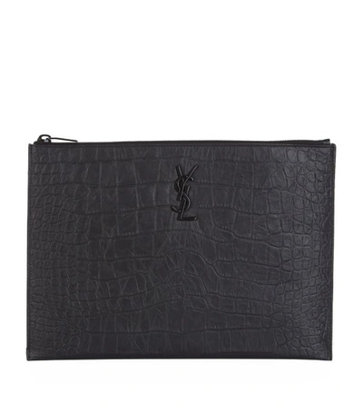 SAINT LAURENT CROC-EMBOSSED MONOGRAM POUCH,14857294