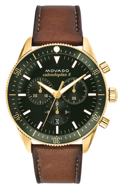 Movado Heritage Series Yellow Gold Stainless Steel Calendoplan S Chronograph Watch In Brown / Gold Tone / Green / Yellow