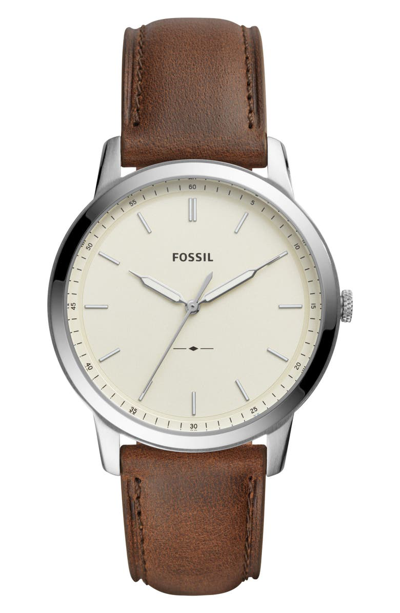 Fossil Men's Minimalist Brown Leather Strap Watch 44mm In Brown,cream