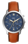 Fossil Men's Neutra Chronograph Brown Leather Strap Watch 44mm In Brown/blue/silver
