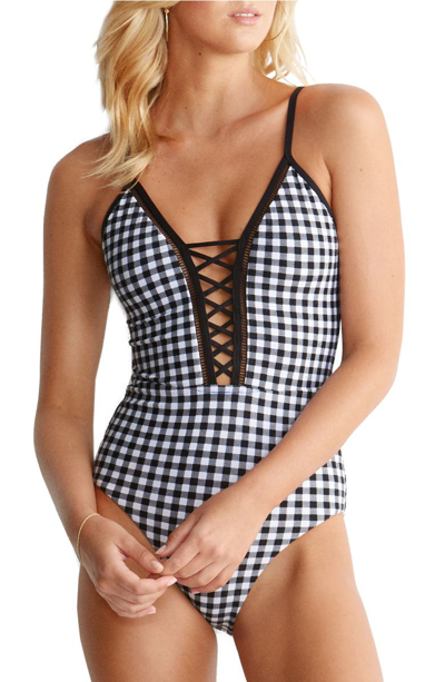 Seafolly La Belle Check Lace-up One-piece Swimsuit In Black