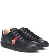 Gucci Ace Watersnake-trimmed Embroidered Leather Sneakers In Black