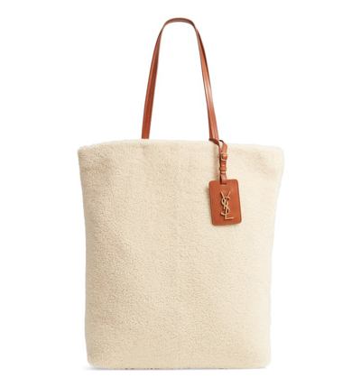 Saint Laurent Genuine Shearling Shopping Tote - Ivory In Naturale/ Deep Cuoio