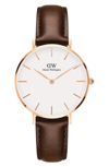 Daniel Wellington Classic Petite Leather Strap Watch, 32mm In Dark Brown/ White/ Rose Gold