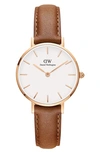 Daniel Wellington 28mm Classic Petite Durham Watch W/ Leather Strap In Light Brown/ White/ Rose Gold